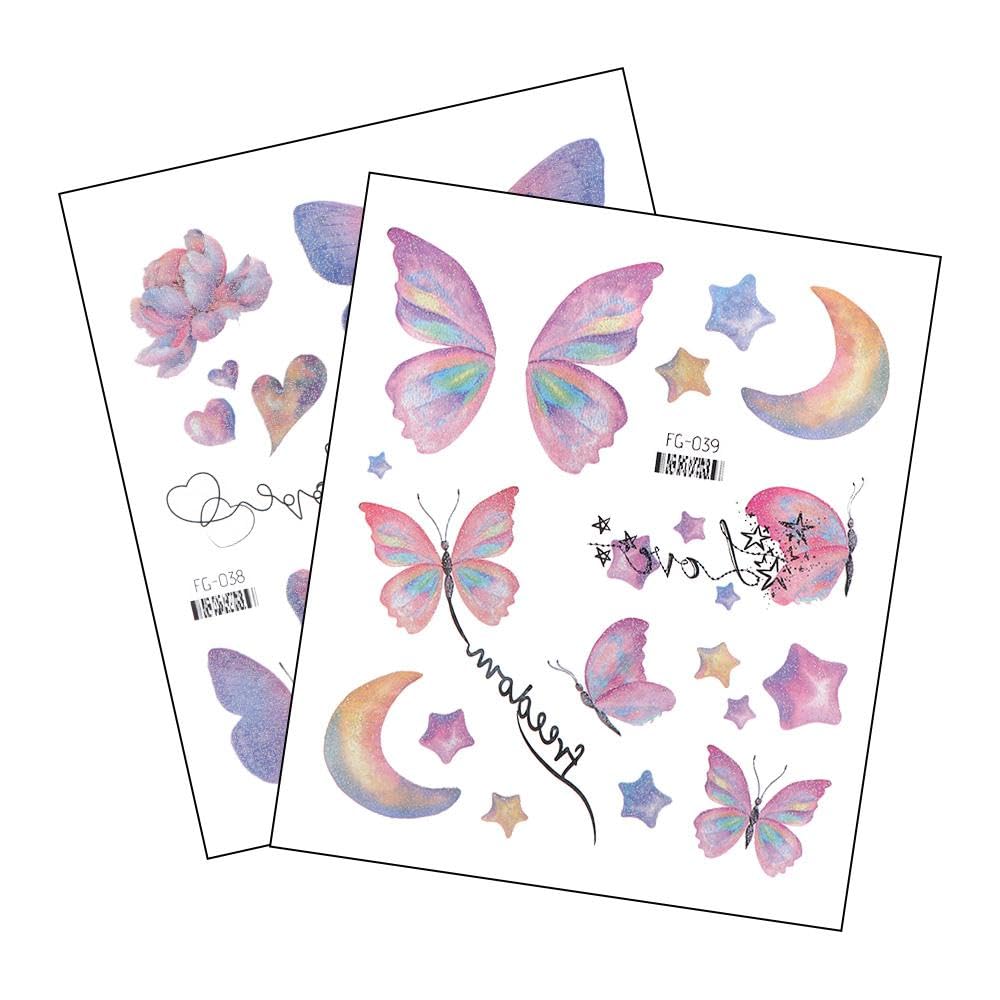 Tatuajes temporales de mariposa, exquisitas alas de ángulo de mariposa, tatuajes falsos para mujer, arte corporal de muñeca, cuello de muñeca,