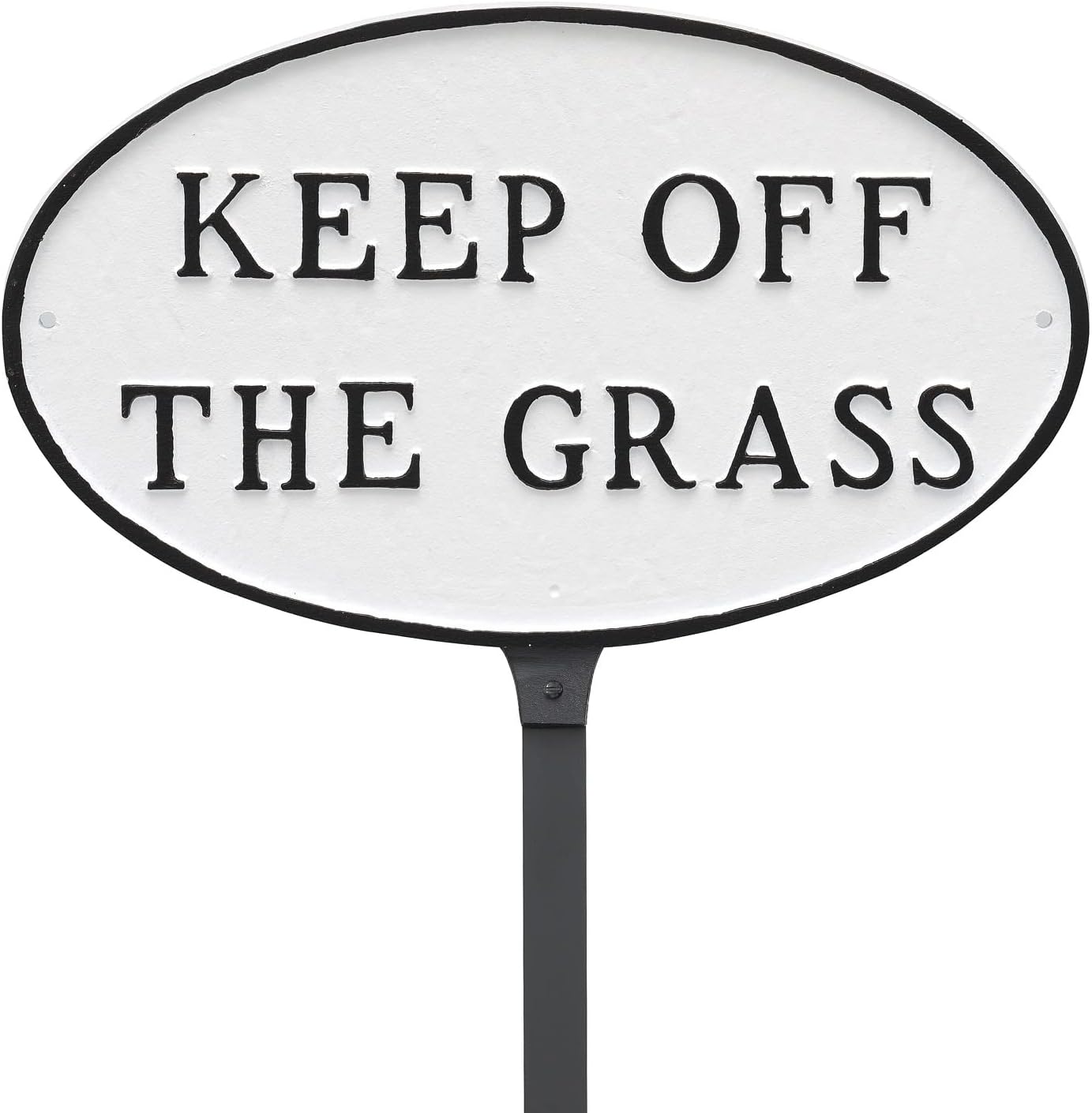 Placa ovalada de metal fundido con texto en inglés “Keep Off Grass” – Placa de exhibición de césped o pared – Letrero de cortesía para patio o