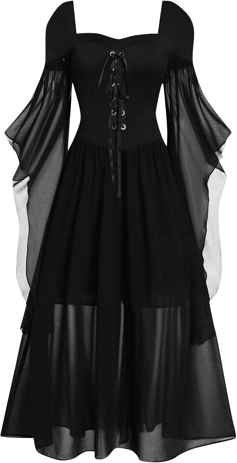 Vestido de Halloween para mujer, casual, talla grande, hombros descubiertos, color sólido, encaje, manga mariposa, vestidos góticos de Halloween