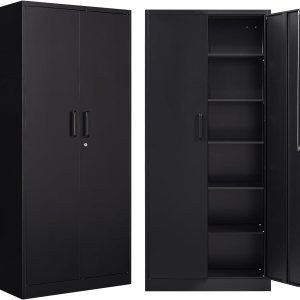 Armarios de almacenamiento de metal con cerradura, gabinete de almacenamiento de garaje de 71 pulgadas con 2 puertas y 5 estantes ajustables, Armarios de almacenamiento de metal con cerradura, gabinete de almacenamiento de garaje de 71 pulgadas con 2 puertas y 5 estantes ajustables,