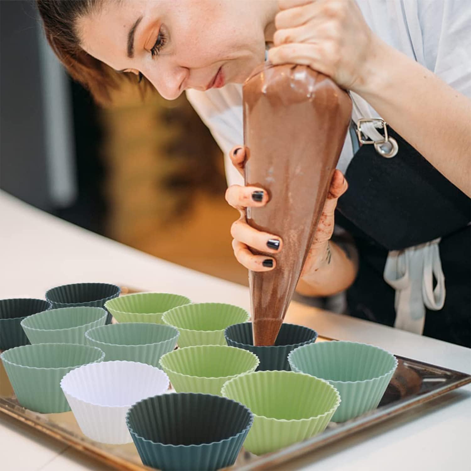 Suuker Tazas de silicona para hornear, forros reutilizables para magdalenas, juego de moldes antiadherentes para muffins, paquete Bento, divisores