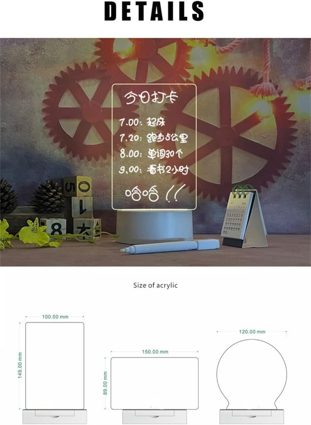 goq Tablero de notas creativo, luz nocturna LED, tablero de mensajes regrabable con bolígrafo, lámpara de noche USB decoración (vertical)