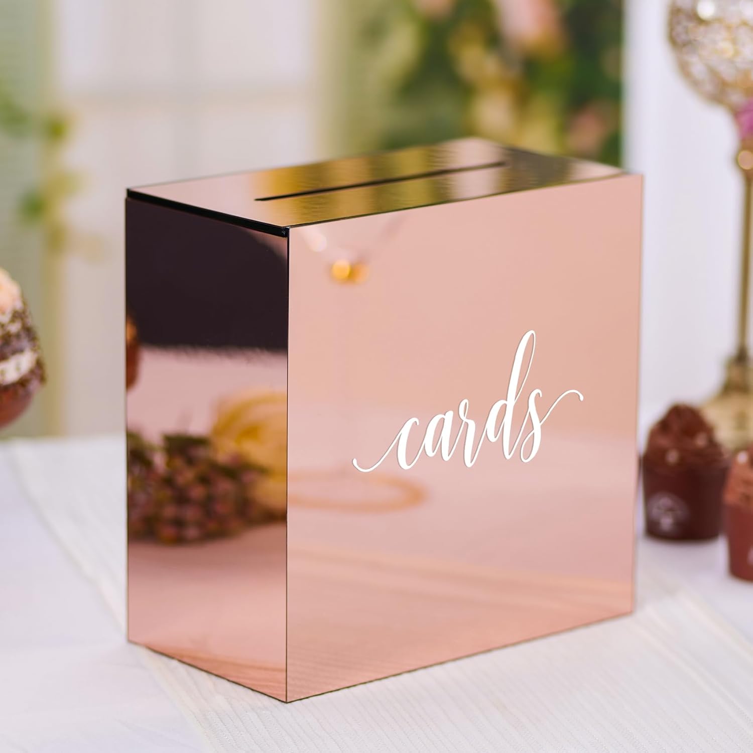 UNIQOOO Caja de tarjetas de boda de acrílico con espejo de oro rosa metálico con ranura, grande de 10 x 10 x 5.5 pulgadas con impresión blanca