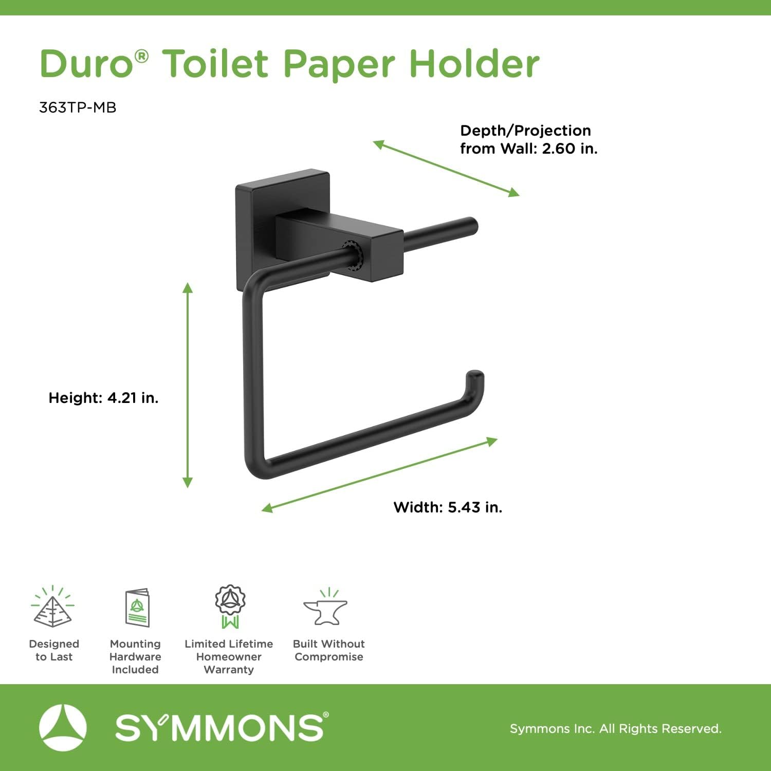 Symmons 363TP-MB Duro – Soporte de papel higiénico para pared, color negro mate
