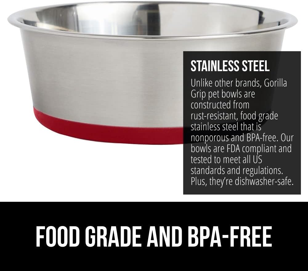 Gorilla Grip Stainless Steel Metal Dog Bowl Set of 2, Rubber Base, Heavy Duty, Rust Resistant, Food Grade BPA Free, Less Sliding, Quiet Pet Bowls