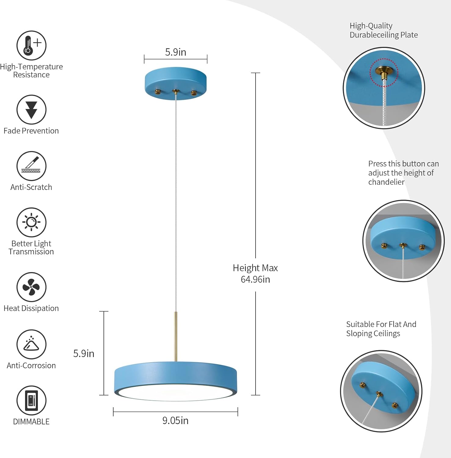 Lámpara colgante LED moderna de 9.05 pulgadas, lámpara colgante con forma acrílica azul regulable de 6000 K para comedor, cocina, isla y sala de
