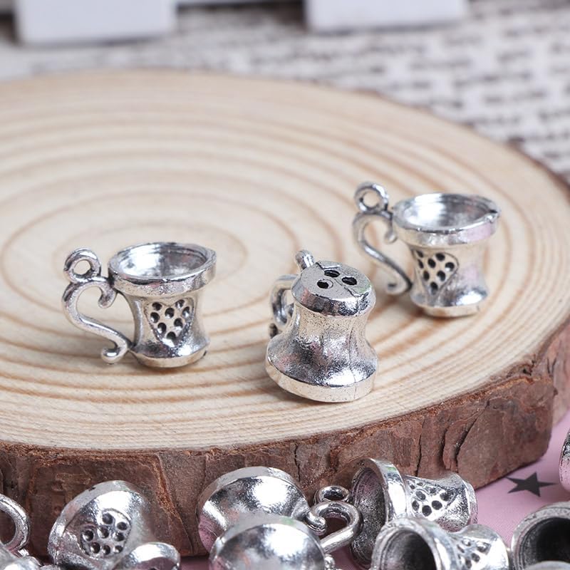 Opexicos 50 dijes para taza de café, para tazas de té, diseño de tono plateado envejecido, accesorios hechos a mano para manualidades, 3D, 0.394 x