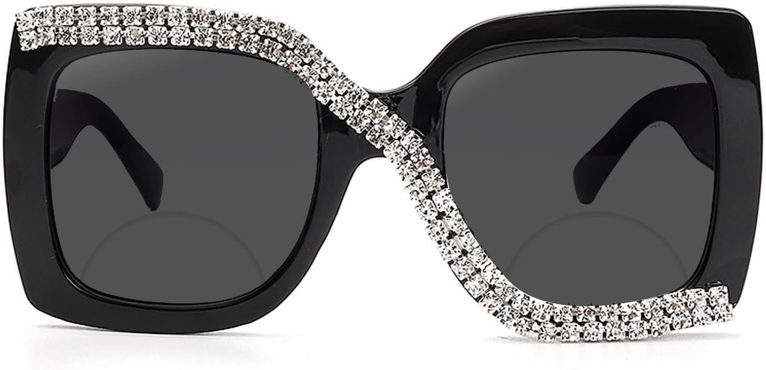 mincl Gafas de sol de lectura bifocales brillantes con diamantes de moda para mujer, protección UV 400, para exteriores, lectores solares cuadrados