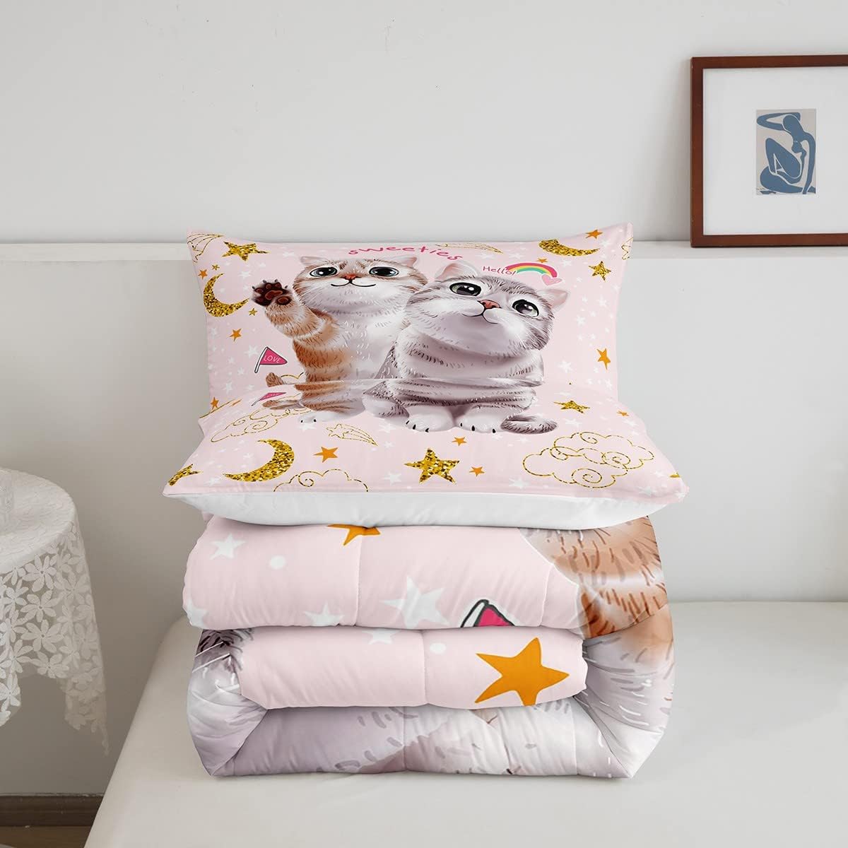 Juego de edredón con diseño de gato y luna brillante, juego de ropa de cama con estampado de gatos, juego de edredón acolchado de gatito rosa para
