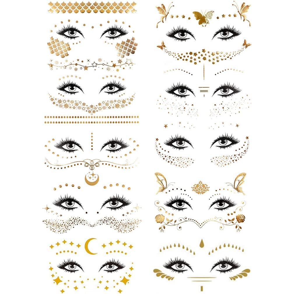10 hojas de calcomanías para tatuajes faciales, tatuajes dorados con purpurina, pecas metálicas de transferencia temporal para mujeres y niñas,