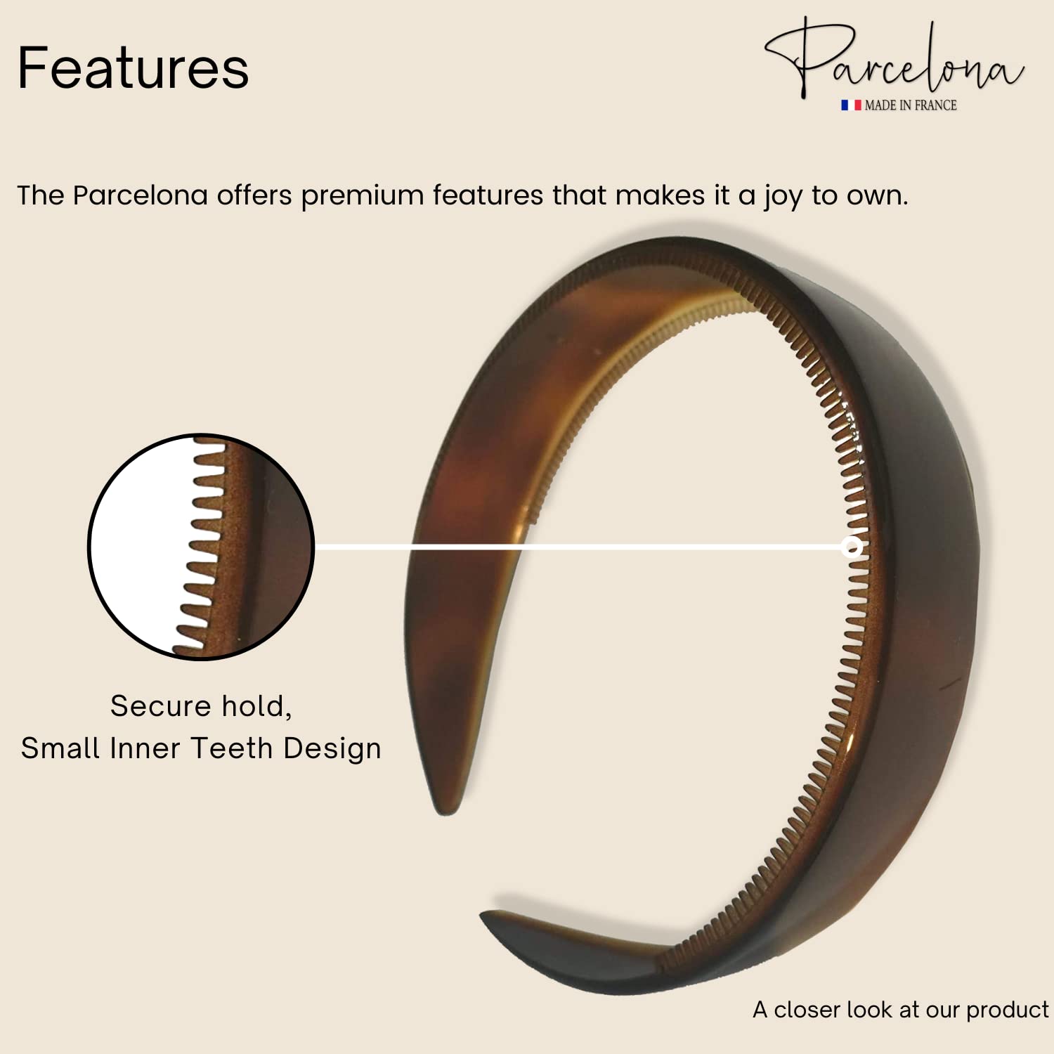Parcelona Diadema de pelo flexible de celuloide marrón con concha de tortuga francesa extra ancha para mujer, agarre fuerte, antideslizante,