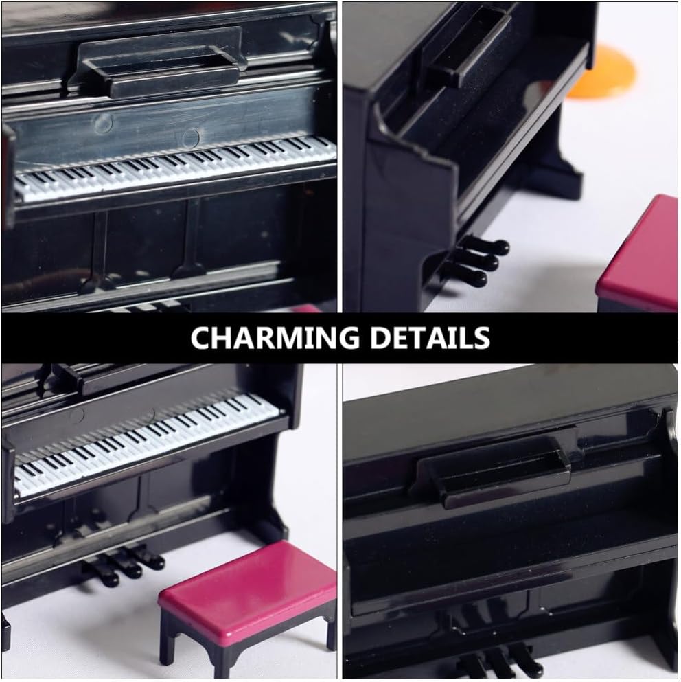 Piano de casa de muñecas, mini juguete de piano vertical, de simulación en miniatura, piano vertical de plástico con taburete y partitura musical,