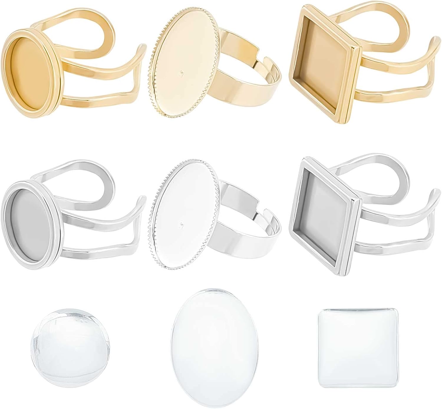 SUNNYCLUE 24 piezas DIY 12 juegos de anillos de dedo en blanco anillos bisel bandejas ajustables de acero inoxidable anillo base anillos en blanco