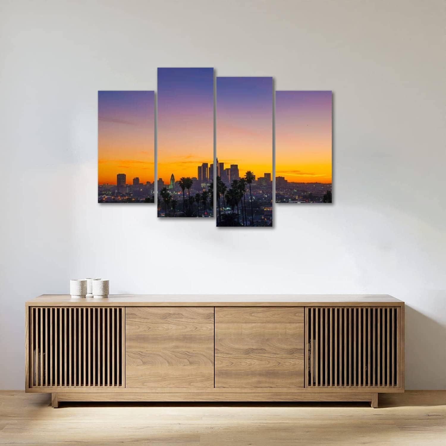 Lienzo de 4 paneles para pared, diseño de Los Ángeles, horizonte, palmeras, gran angular, póster de pintura estirado y enmarcado, decoración de