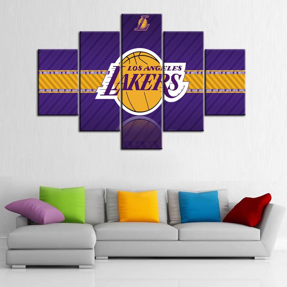 Lienzo decorativo con logotipo de Los Angeles Lakers, pinturas de la NBA, 5 piezas, obras de arte de baloncesto, deportes en el centro de grapas,