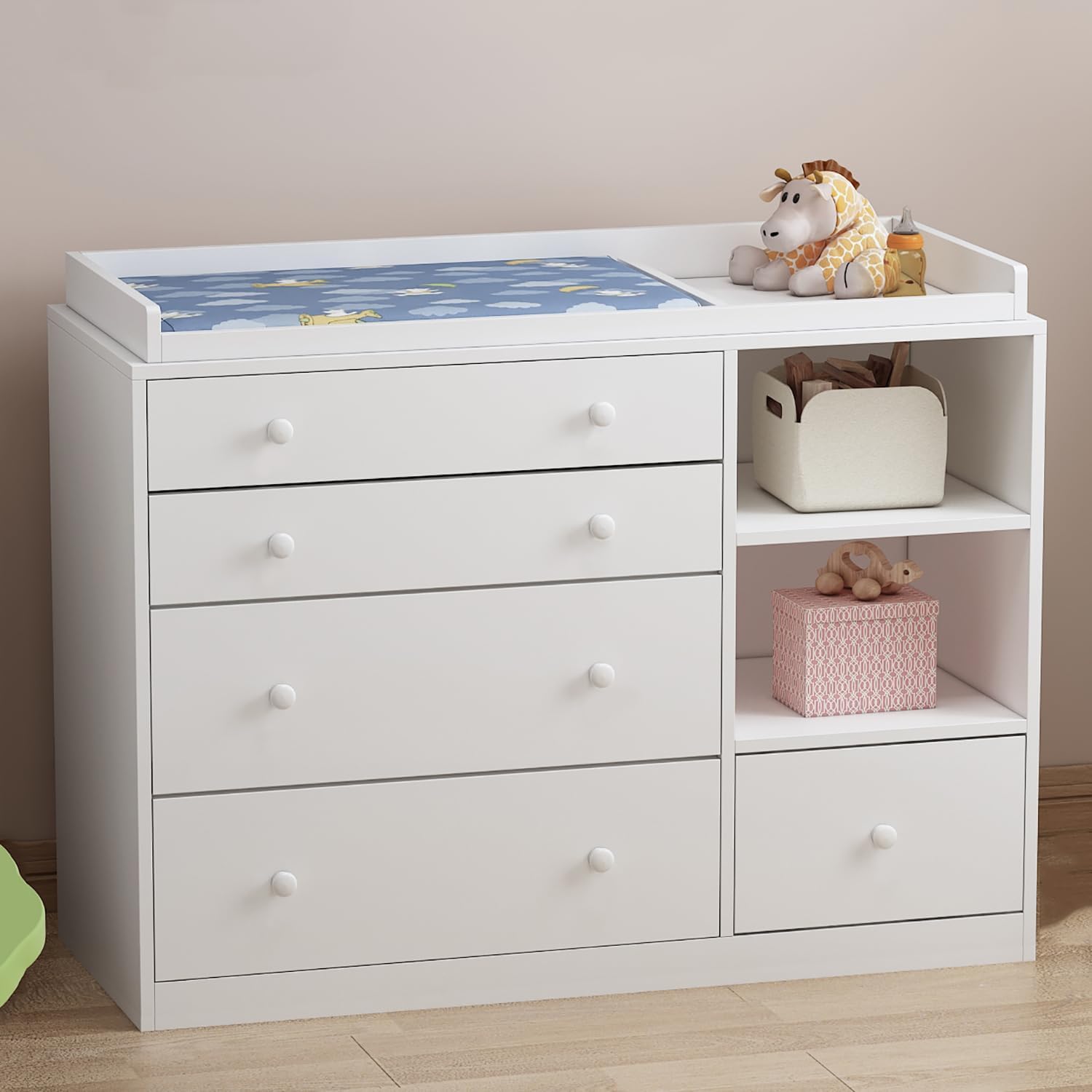 AIEGLE Cómoda de bebé, cómoda de dormitorio blanca con 5 cajones y estantes de almacenamiento, cómoda de madera para almacenamiento de habitación