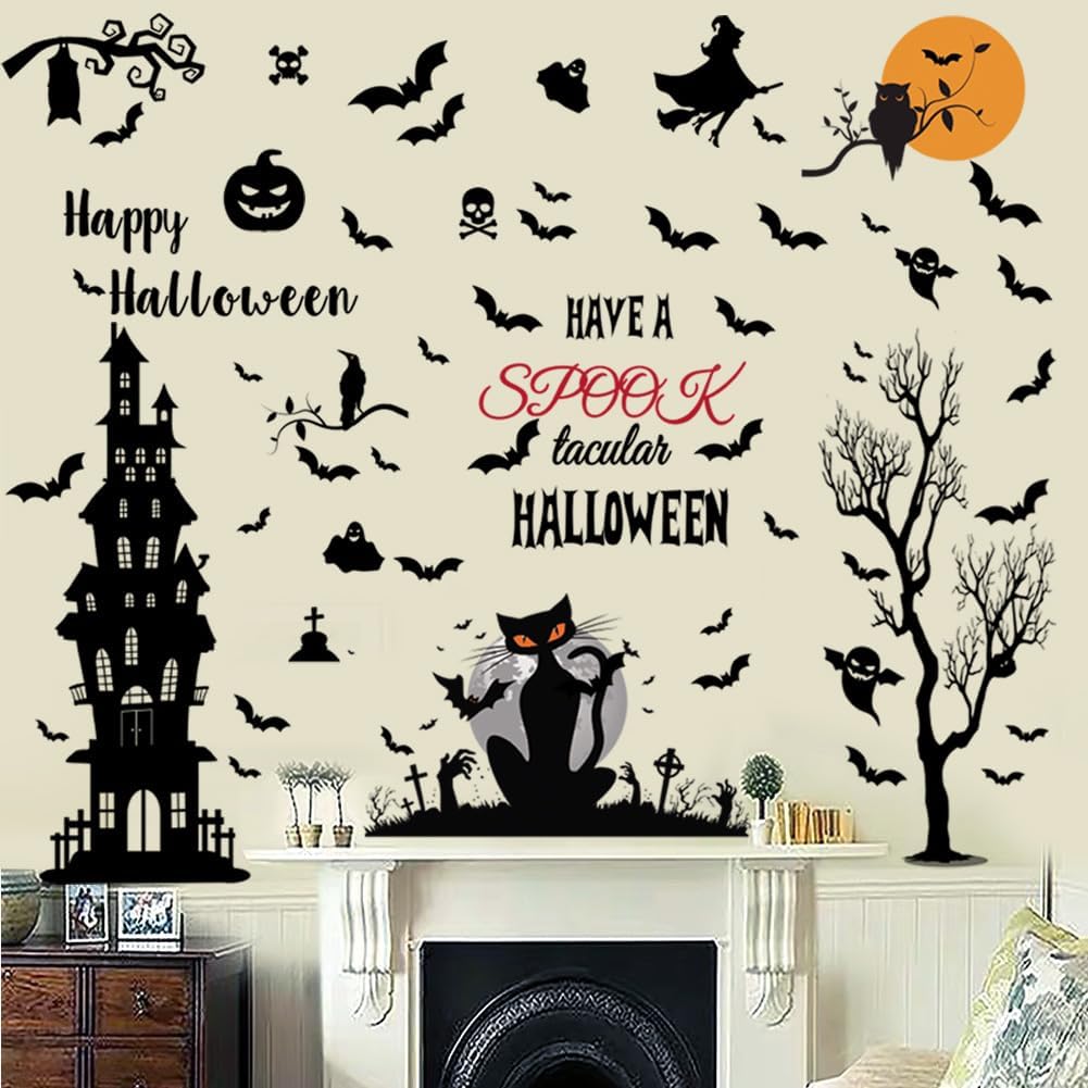 Calcomanías de pared de Halloween, decoración de pared de murciélagos, castillo antiguo, decoración de pared de Halloween para ventana, hogar,