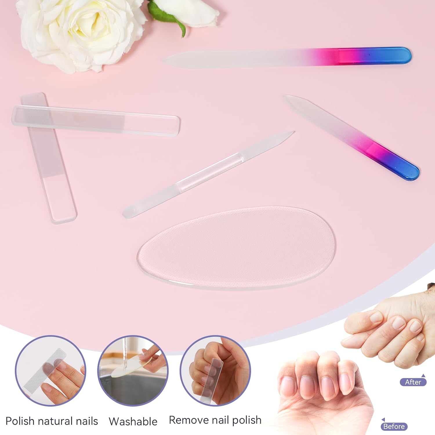 Juego de 6 limas de uñas de vidrio para uñas naturales, empujador de cutículas de cristal, juego de limas de uñas de vidrio con tableros de esmeril
