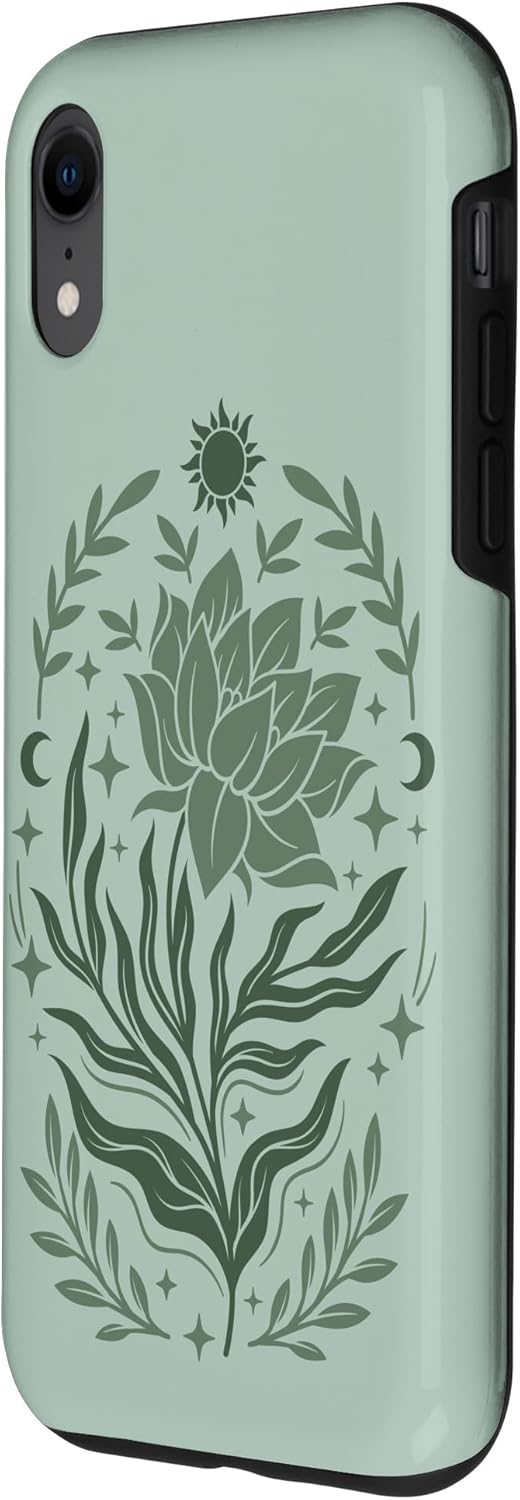 Funda celestial floral bohemia para iPhone XR con diseño de sol y luna creciente y verde