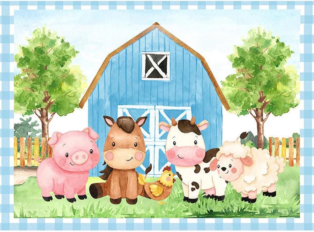 Telones de fondo de cumpleaños de granja para niños, granero azul, animales de granja, fondo de fotografía, tema de animales de granja, decoración