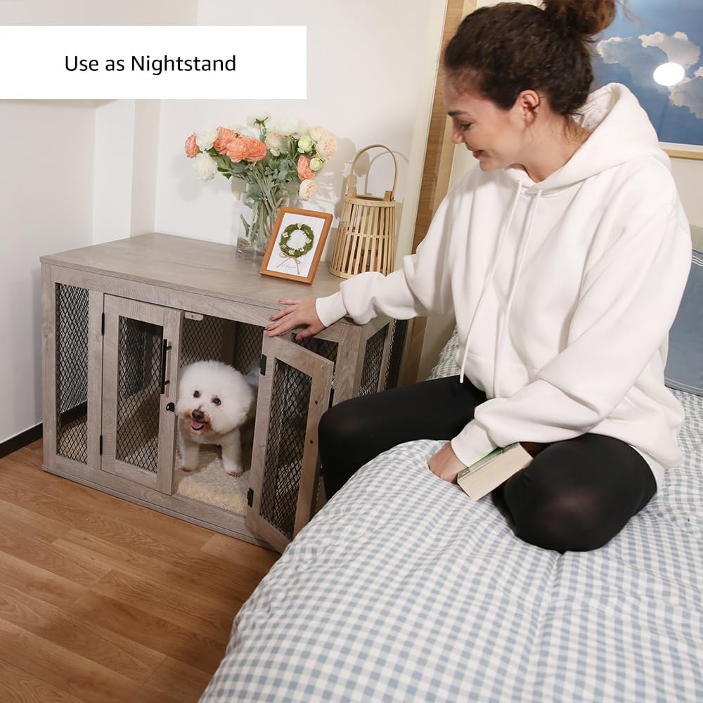 unipaws – Jaula para perros estilo mueble con cojín y bandeja, jaulas de malla para perros con puertas dobles, casa para perros con mesa final,