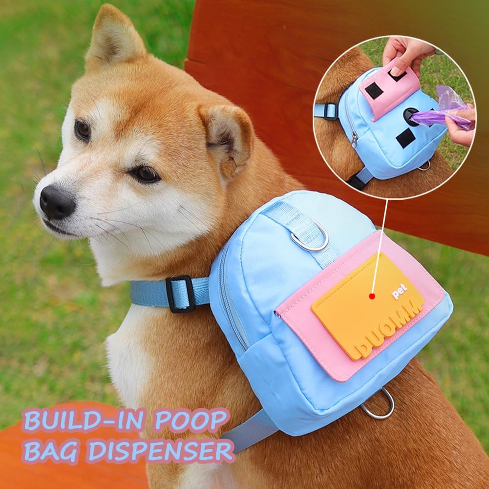 DoggieKit Arnés de mochila para perro con correa, lindas mochilas para cachorros para mascotas, dispensador de bolsas para excrementos de perro,
