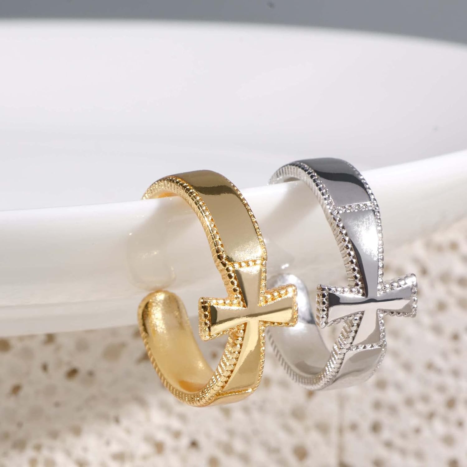 Anillo de cruz religiosa, anillo de boda cristiano para mujer, anillo texturizado de plata, joyería inspiradora, anillo para hija, ajustable,