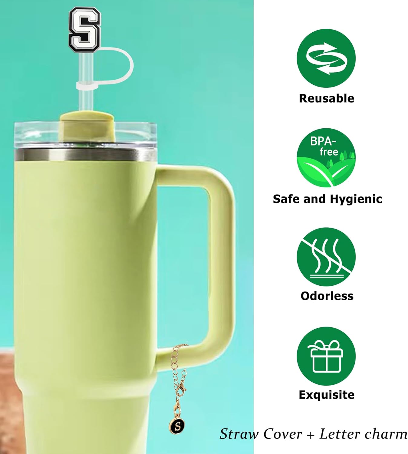 (3 +3) 3 fundas de popote de Nuozme de 0.394 pulgadas para vaso Stanley, reutilizable, tapa de popote con 3 dijes de letras iniciales, accesorios