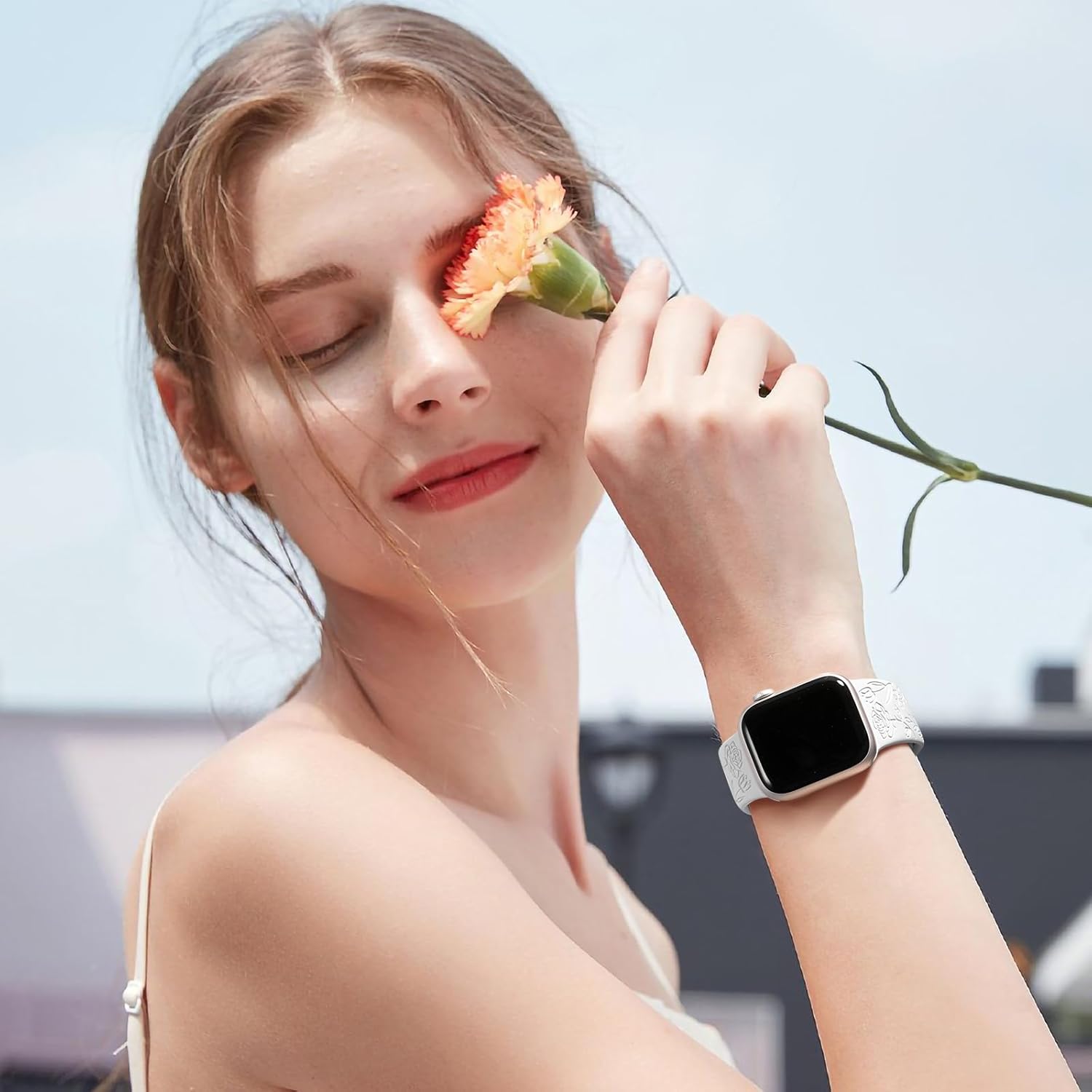 DaQin Paquete de 4 correas con grabado floral compatibles con Apple Watch de 1.496 pulgadas, 1.575 pulgadas, 1.614 pulgadas, 1.654 pulgadas, 1.732