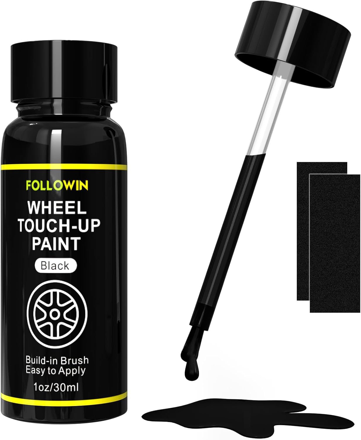FOLLOWIN Pintura de retoque de borde negro para automóviles, kit de reparación de pintura de rueda negra, reparación de arañazos de llantas