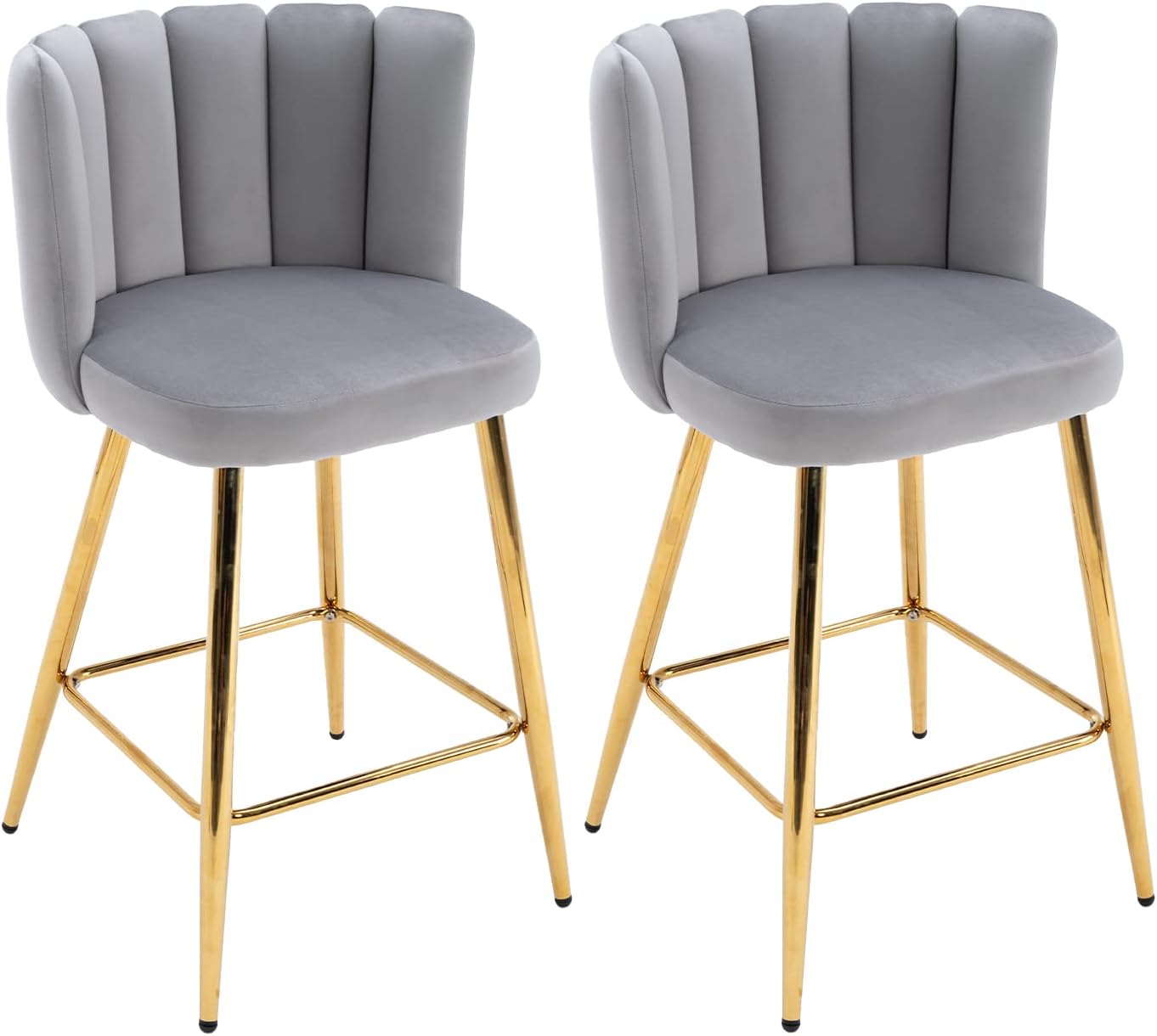 Kmax Juego de 2 taburetes de bar de 26 pulgadas, modernos taburetes de bar de terciopelo con reposapiés dorado, asiento de pétalos para isla de