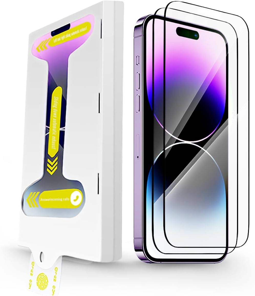 Paquete de 2 protectores de pantalla para iPhone 14 Pro Max, vidrio templado transparente HD 9H alineación automáticainstalación sin polvo sin