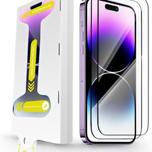 Paquete de 2 protectores de pantalla para iPhone 14 Pro Max, vidrio templado transparente HD 9H alineación automáticainstalación sin polvo sin Paquete de 2 protectores de pantalla para iPhone 14 Pro Max, vidrio templado transparente HD 9H alineación automáticainstalación sin polvo sin