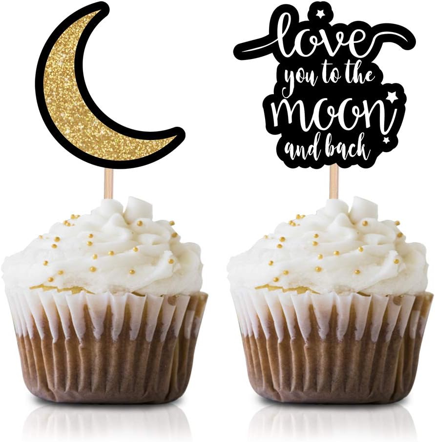 Black Moon – Juego de 24 piezas para decoración de cupcakes con texto en inglés “I Love You To The Moon And Back”, para baby shower o fiesta de