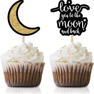 Black Moon – Juego de 24 piezas para decoración de cupcakes con texto en inglés “I Love You To The Moon And Back”, para baby shower o fiesta de Black Moon – Juego de 24 piezas para decoración de cupcakes con texto en inglés “I Love You To The Moon And Back”, para baby shower o fiesta de