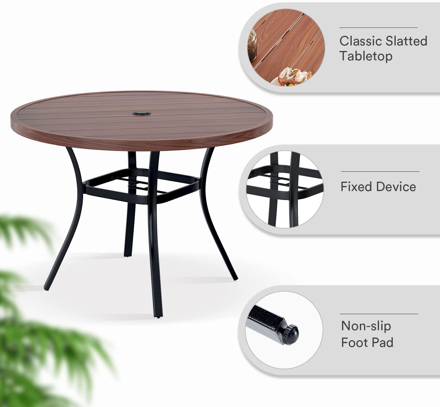 VICLLAX Mesa de comedor redonda para patio al aire libre, mesa redonda de listones de metal de 41 x 41 pulgadas con agujero ajustable para sombrilla