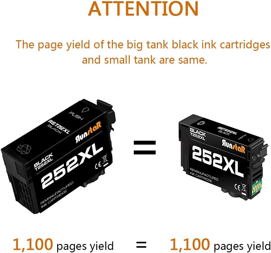 Run Star Cartucho de tinta remanufacturado 252 para Epson 252XL T252XL T252 de alto rendimiento para Workforce WF-3620 WF-3640 WF-7110 WF-7610