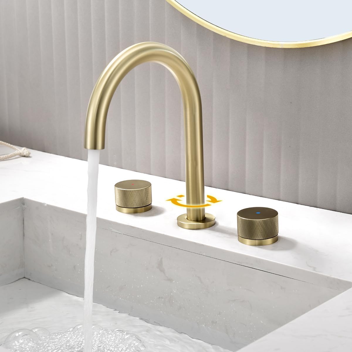Techzm Grifo de baño de cuello de cisne de 8 pulgadas con dos manijas mezclador de lavabo con desperdicios emergentes cepillado dorado