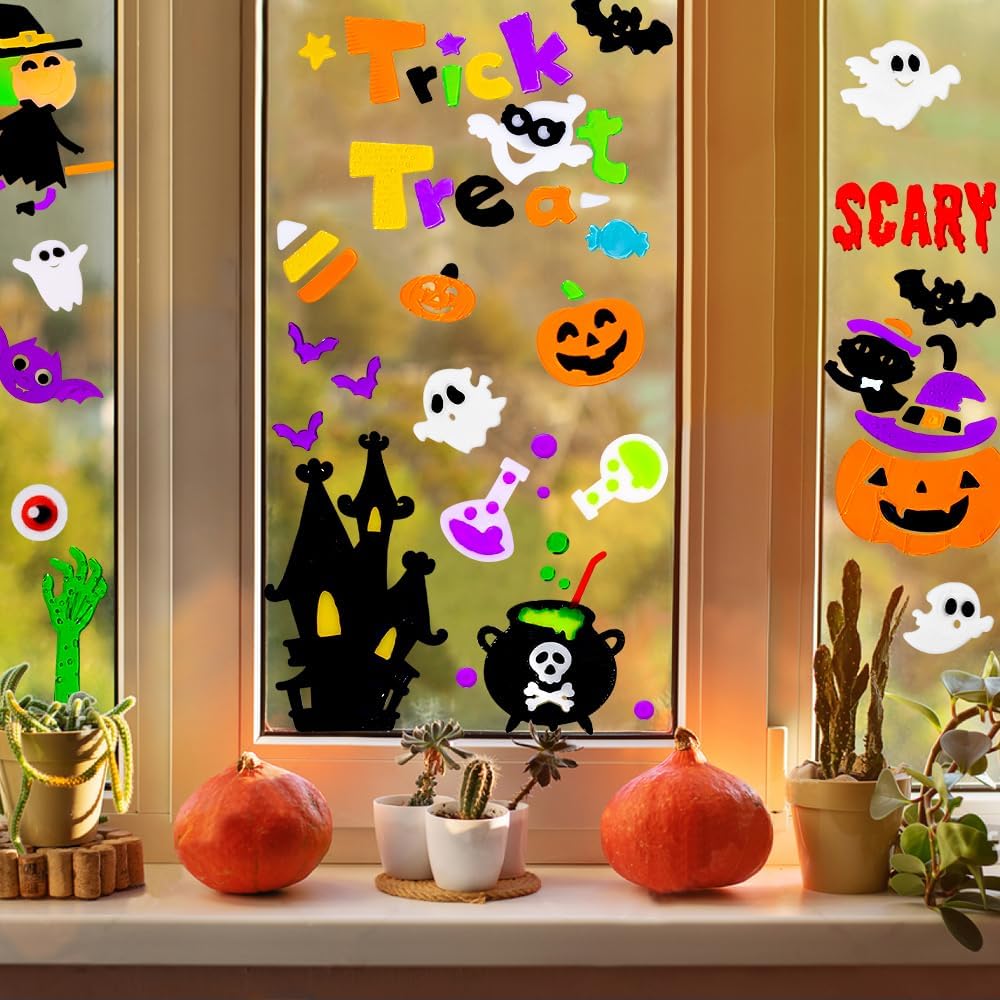 JOICEE Calcomanías gruesas de gel para Halloween para niños, lindas calabazas, brujas, murciélagos, gatos negros, calcomanías para decoración de