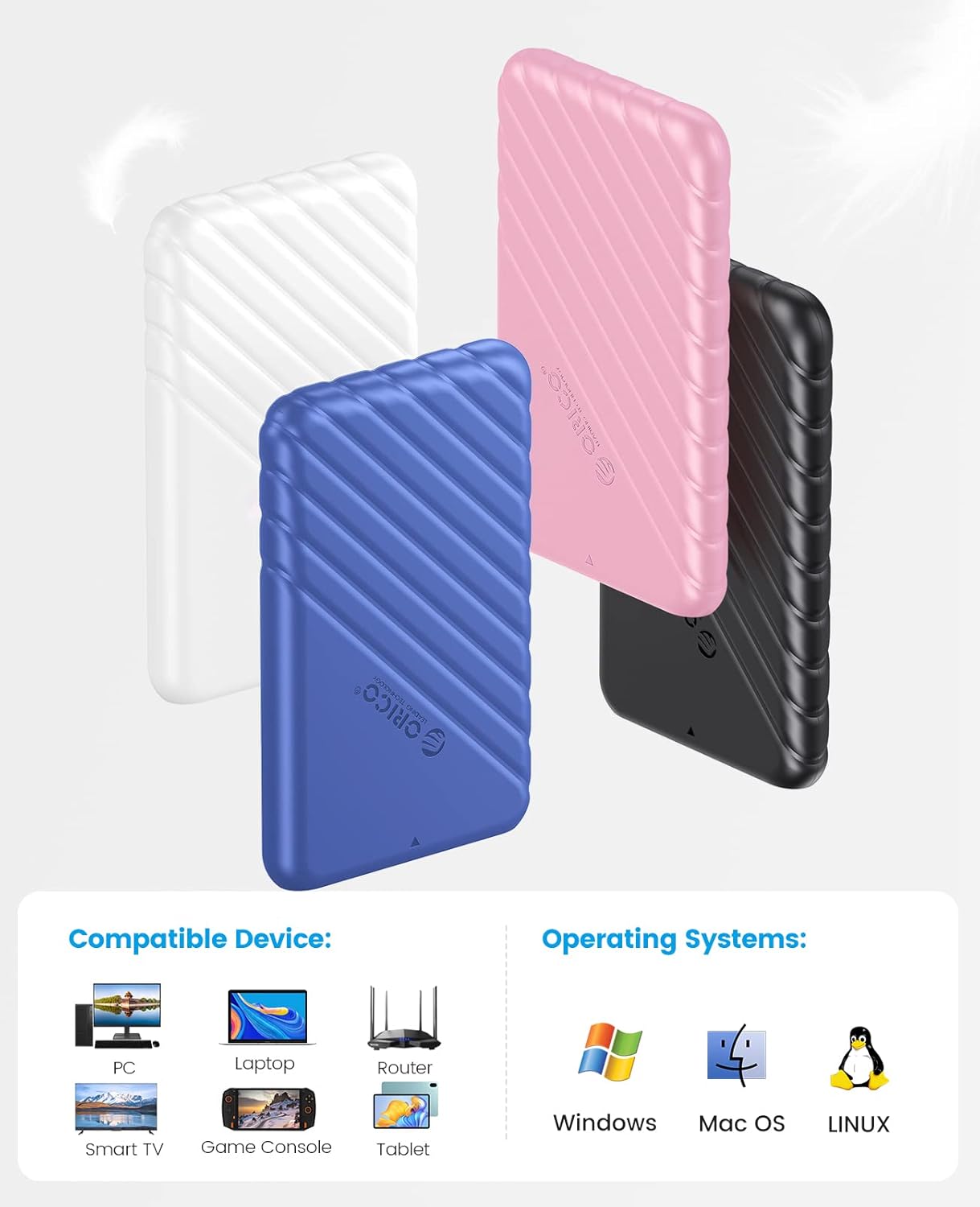 ORICO Caja de disco duro externo de 2,5 pulgadas USB 3.0 a SATA III para 0.276 in y 0.374 in SATA HDD SSD sin herramientas compatible con UASP Azul