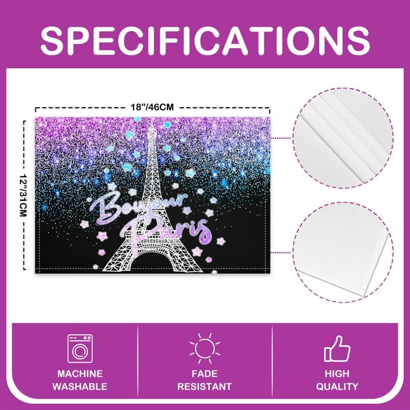 Juego de 4 manteles individuales de torre Eiffel para mesa de comedor, con purpurina, para niños, decoración de cocina, cena, decoración de