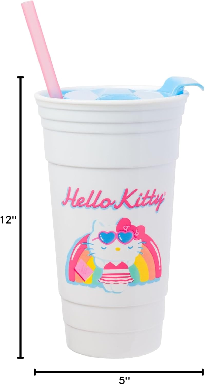 Silver Buffalo Sanrio Hello Kitty Summer Rainbow Floatie – Vaso de plástico con tapa y pajita, 32 onzas