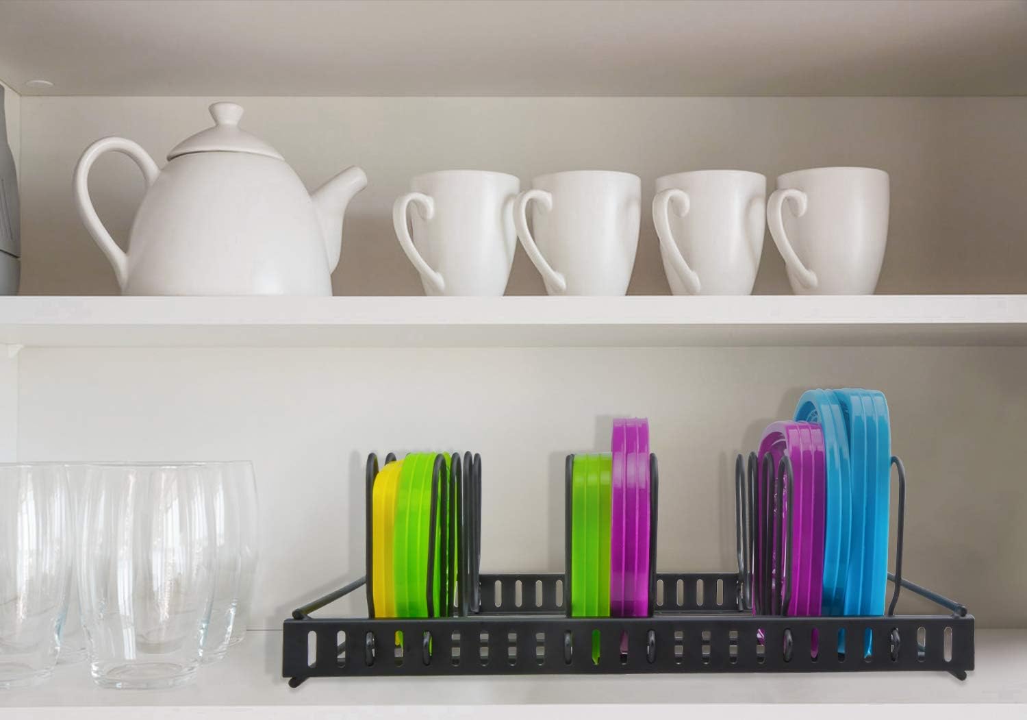 X-cosrack Organizador de tapa de contenedor de alimentos de metal y 6 divisores ajustables para contenedores de almacenamiento, estante de tapa para