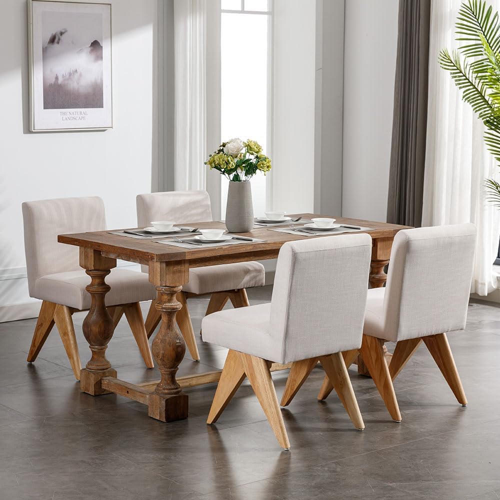 Wahson Juego de 2 sillas de comedor modernas tapizadas de lino de mediados de siglo, silla de comedor de tela moderna sin brazos con patas de madera