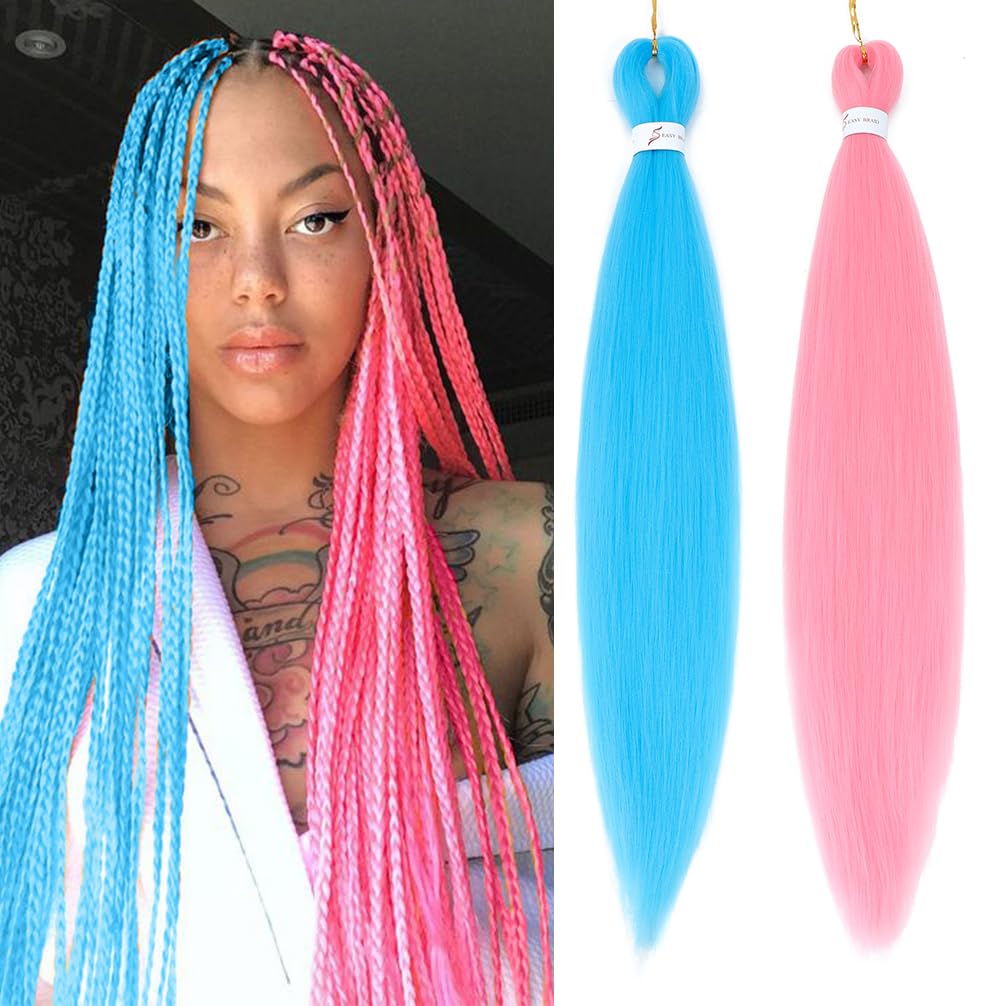 Paquete de 2 paquetes de cabello trenzado rosaazul claro, 26 pulgadas, cabello sintético profesional preestirado, trenzas de ganchillo, extensiones