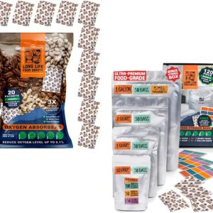 Absorbentes de oxígeno de 2500 cc para almacenamiento de alimentos (20 paquetes) y paquete de varios tamaños (120 bolsas) bolsas de Mylar para Absorbentes de oxígeno de 2500 cc para almacenamiento de alimentos (20 paquetes) y paquete de varios tamaños (120 bolsas) bolsas de Mylar para