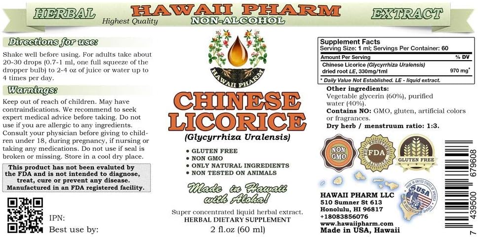 Hawaii Pharm Extracto líquido de regaliz chino sin alcohol, regaliz chino (Glycyrrhiza Uralensis) Suplemento herbario natural de glicerita de raíz,