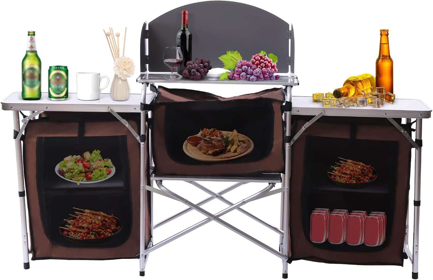 Mesa de cocina plegable para acampar con almacenamiento y 2 mesas laterales, parabrisas desmontable, estación de cocina portátil para campamento al