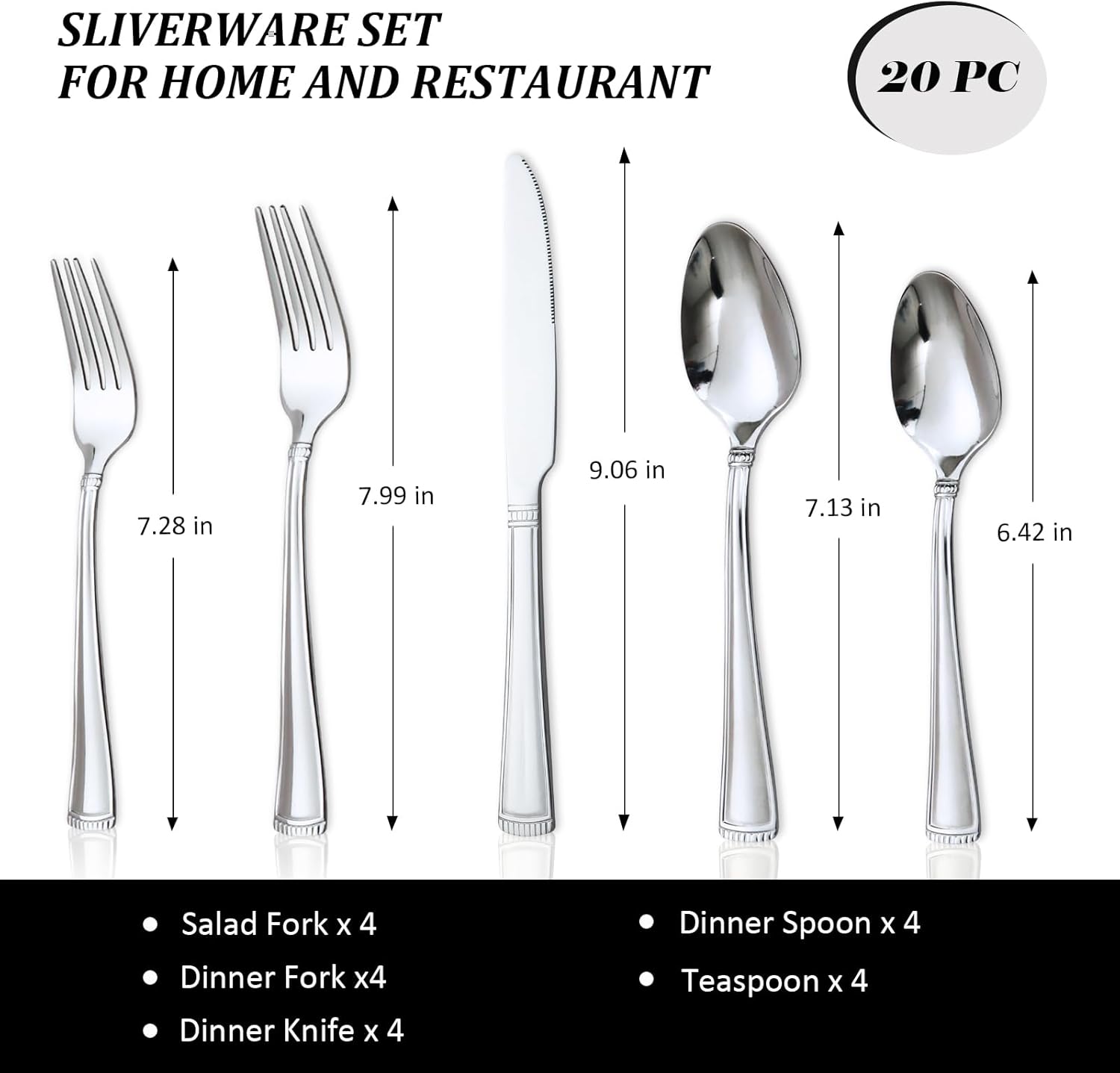 Lorena MAIT – Juego de cubiertos de acero inoxidable de 20 piezas (tenedor de cena, tenedor de ensalada, cuchillo, cuchara, cucharadita) en