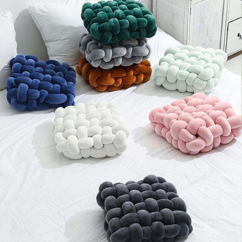 Almohada decorativa cuadrada de 13 pulgadas, almohada anudada de terciopelo blanco y camello de 8 bolas, almohada de piso para sala de estar,
